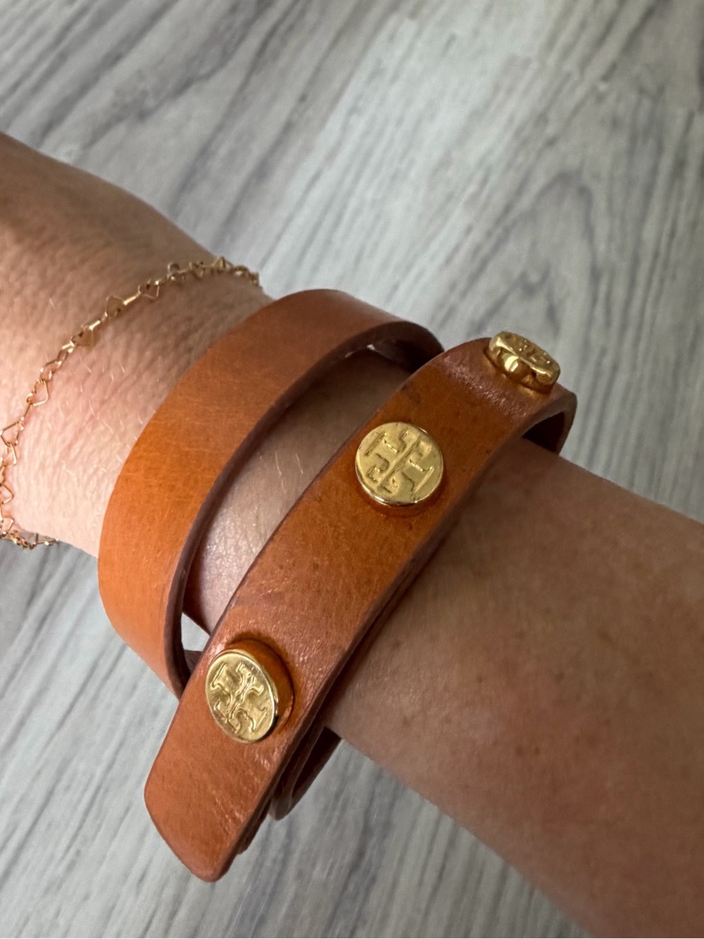 Tory Burch Tan Leather Wrap Bracelet Gold Logos